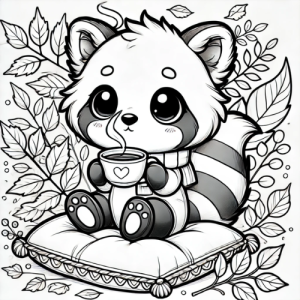 coloriage-panda-roux-kawaii-avec-une-tasse-de-th-dessin-imprimer